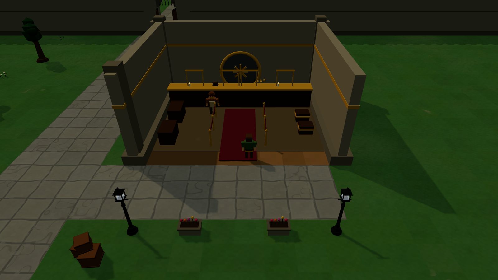 Inside the Bank of Duskmere — Hosam at the counter, the great vault behind