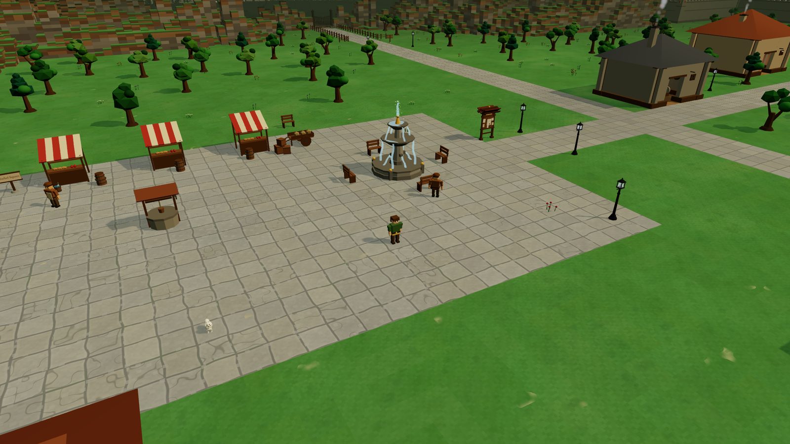 Lightshire's market square — stalls, the well and the fountain